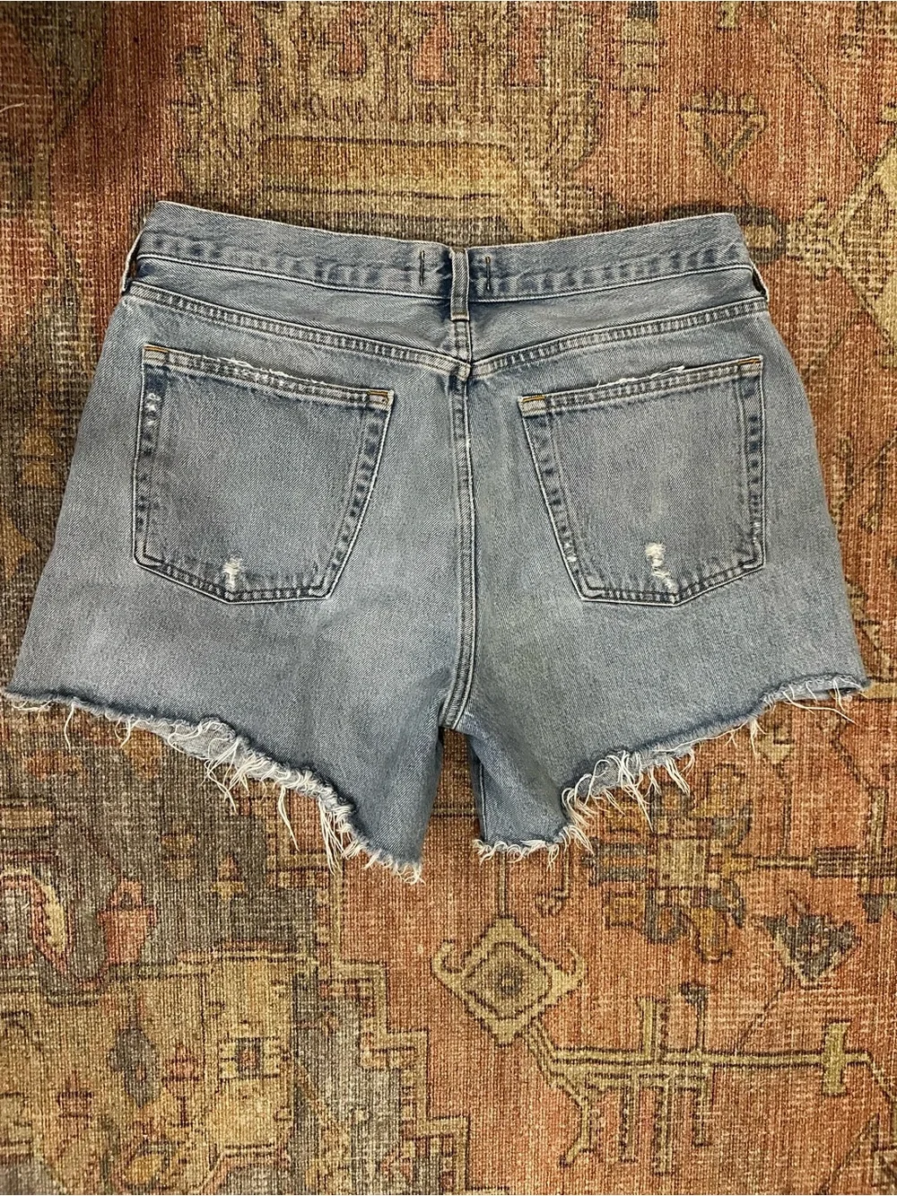 Agolde Parker Long Distressed Light Blue Denim Cutoff Shorts